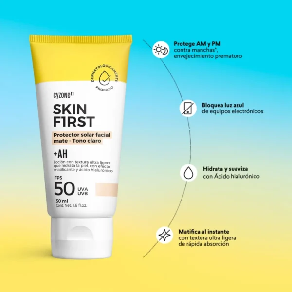 1070631-1600-auto Protector Solar Facial Skin First con color Tono Claro, 50ml