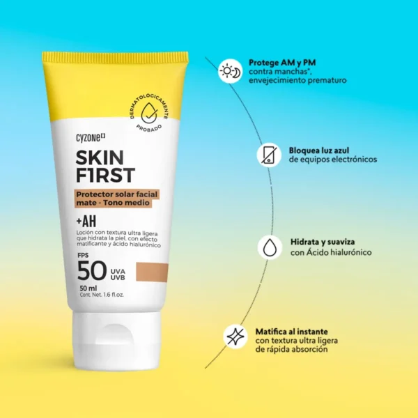 Protector Solar Facial Skin First con color Tono Medio, 50ml
